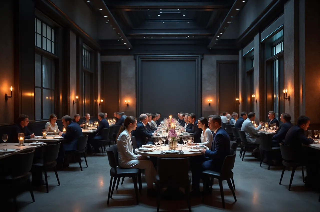 Elegancka sala restauracji i salonu gier w Szafir Tower Hotel wieczorem, goście przy stolikach w szafirowym świetle