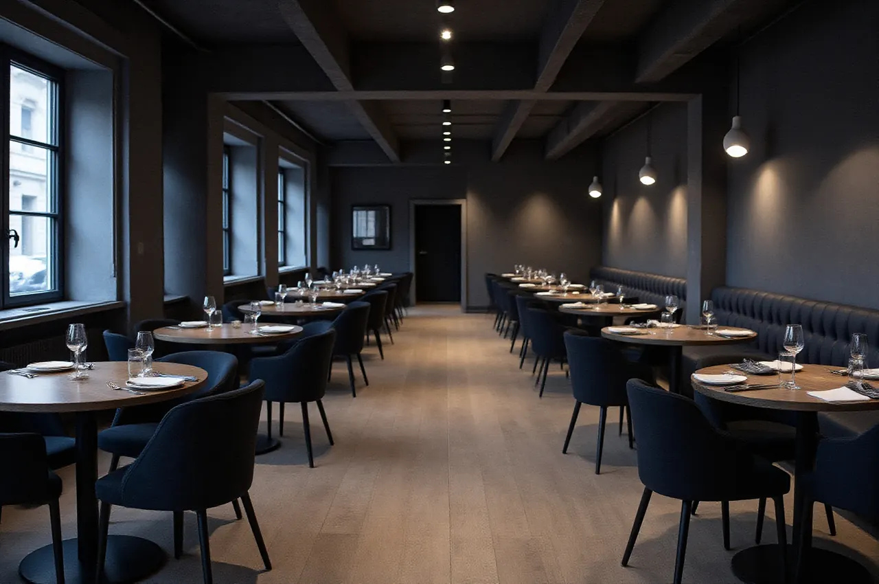 Pusta sala restauracji Granat przed otwarciem, nakryte stoły w czarno-szafirowym wnętrzu z betonu i stali