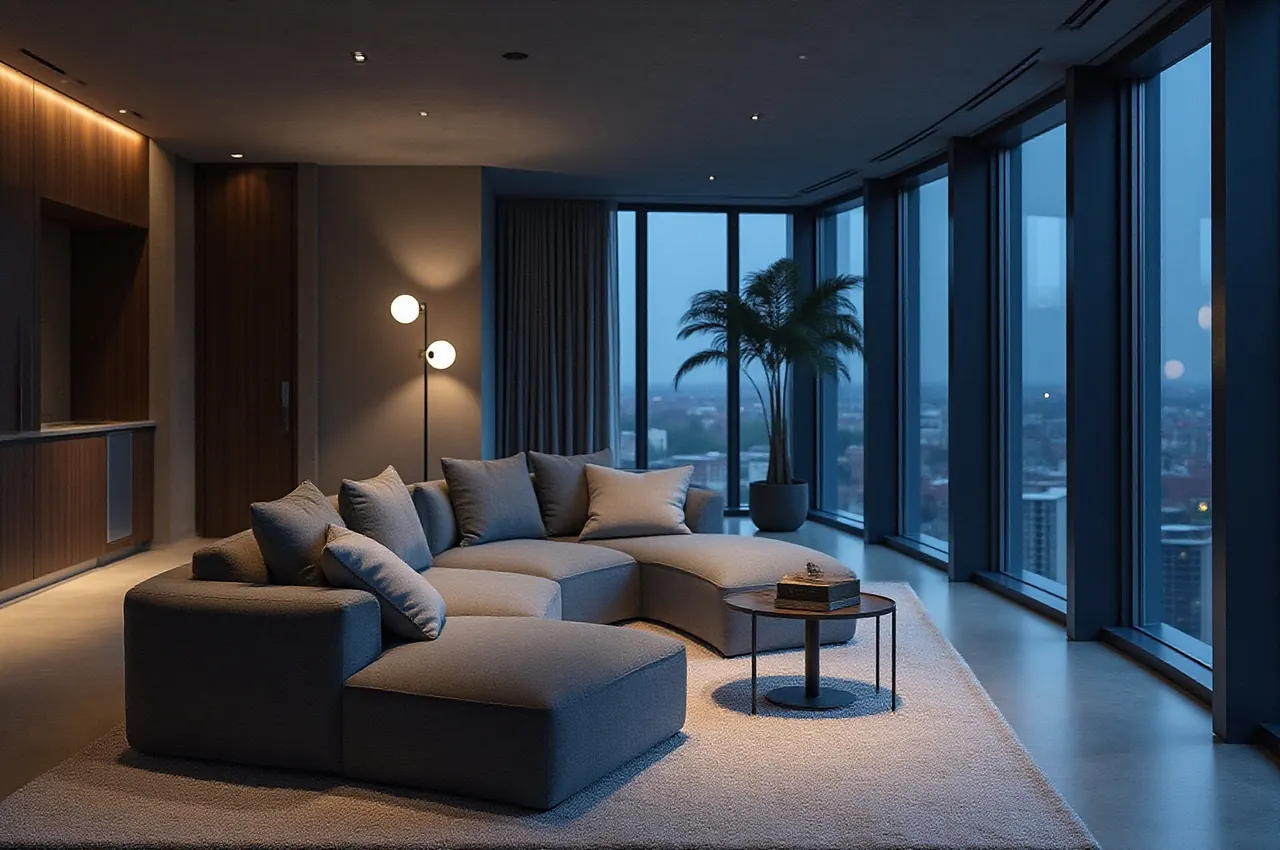 Salon apartamentu z sofą i panoramicznymi oknami